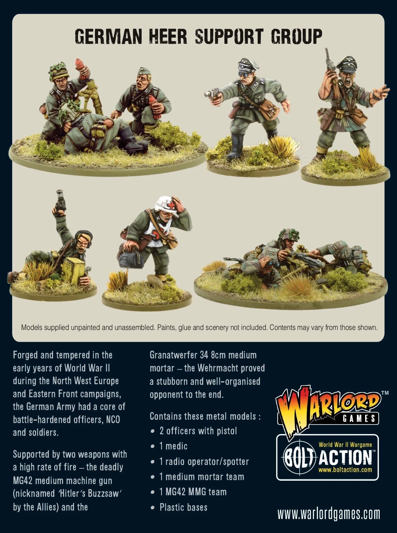 German Heer Support Group - Bolt Action 28mm - kompletny zestaw pomalowanych figurek: 2 oficerów, medyk, obserwator artyleryjski, zespół MG42 i moździerza 8cm - skala 1/56 - Warlord Games