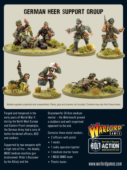 German Heer Support Group - Bolt Action 28mm - kompletny zestaw pomalowanych figurek: 2 oficerów, medyk, obserwator artyleryjski, zespół MG42 i moździerza 8cm - skala 1/56 - Warlord Games