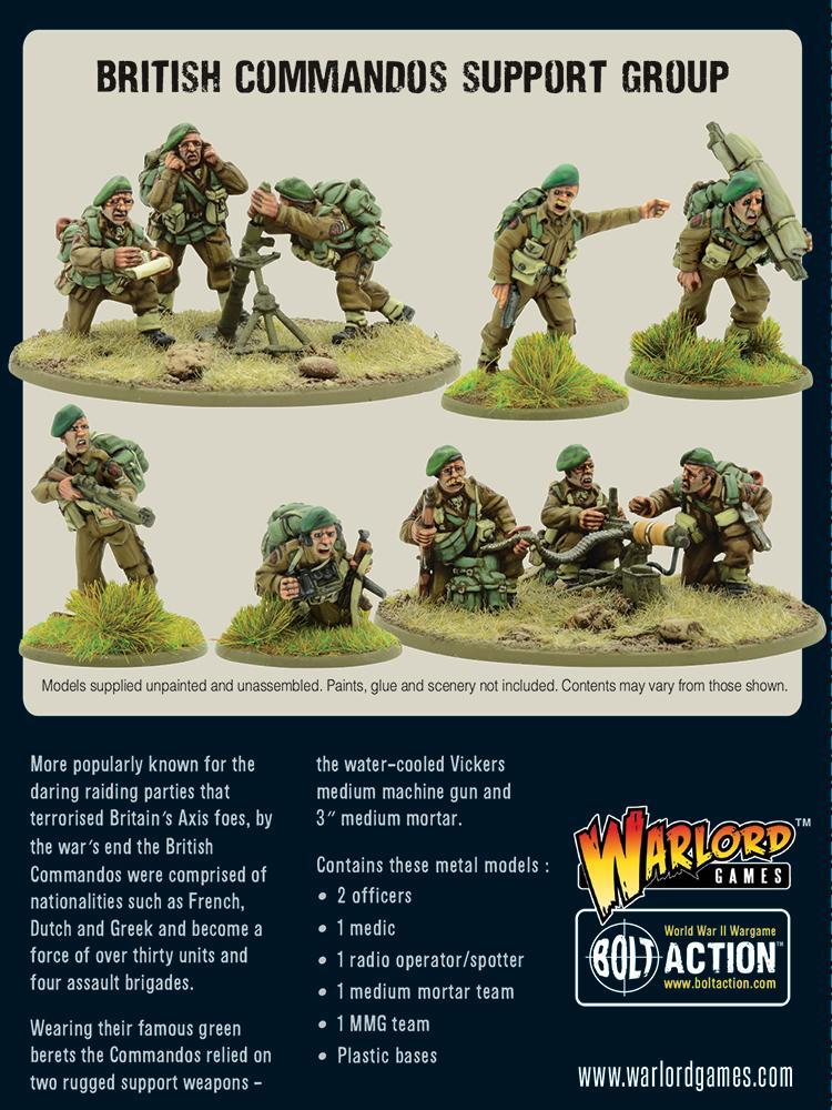 Commandos Support Group - Bolt Action 28mm - pudełko tył wszystkie jednostki moździerz 3-cal Vickers MG oficerowie Forward Observer zielone berety - Warlord Games