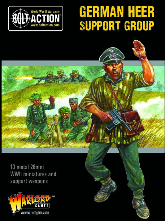 German Heer Support Group - Bolt Action 28mm - opakowanie produktu z ilustracją oficera Wehrmacht dowodzącego atakiem z zespołami wsparcia - 10 metalowych figurek - Warlord Games