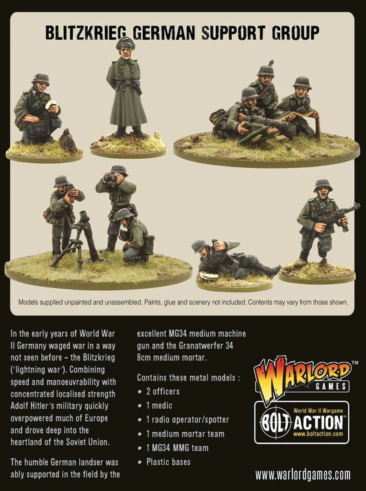 Blitzkrieg German Support Group Bolt Action – zawartość zestawu, oficerowie MG34 moździerz, 402212007