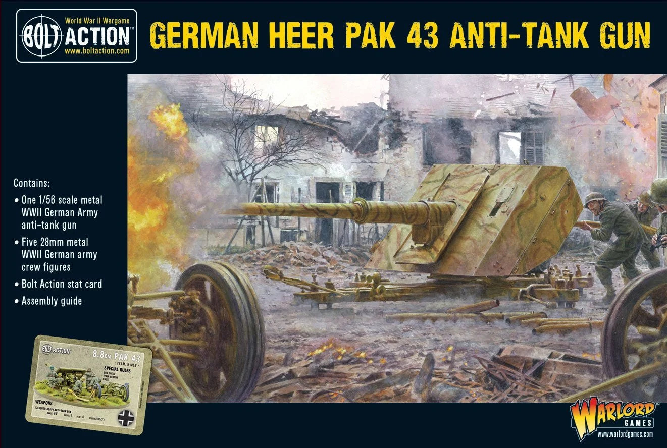 German Heer Pak 43 Anti-Tank Gun – grafika pudełkowa, działo Pak 43 88mm w akcji, Bolt Action Warlord Games
