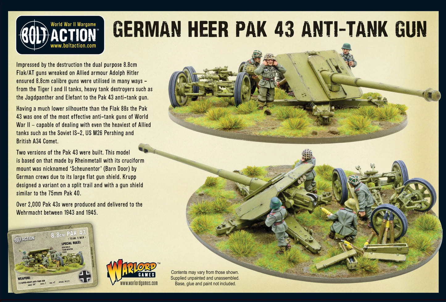 German Heer Pak 43 Anti-Tank Gun – tył pudełka zestawu, pomalowane modele z obsługą Heer, karta statystyk Bolt Action
