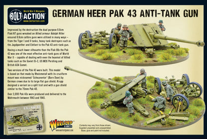 German Heer Pak 43 Anti-Tank Gun – tył pudełka zestawu, pomalowane modele z obsługą Heer, karta statystyk Bolt Action
