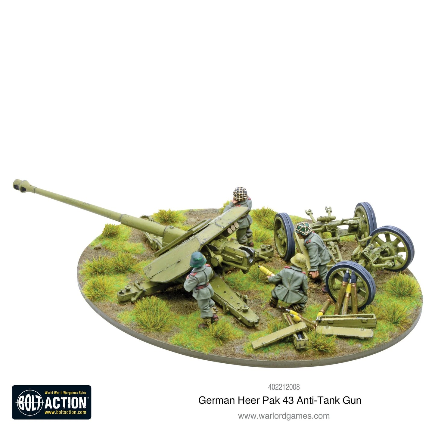 German Heer Pak 43 Anti-Tank Gun – pomalowany model metalowy 28mm, widok z boku lewego, czterech żołnierzy Heer przy działku
