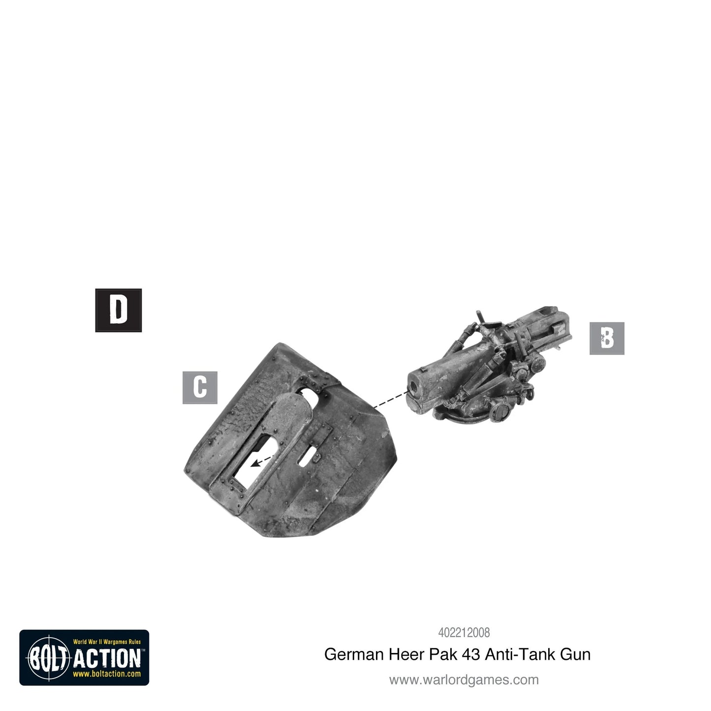German Heer Pak 43 Anti-Tank Gun – instrukcja montażu etap D, łączenie osłony z lufą i podstawą, metal 28mm
