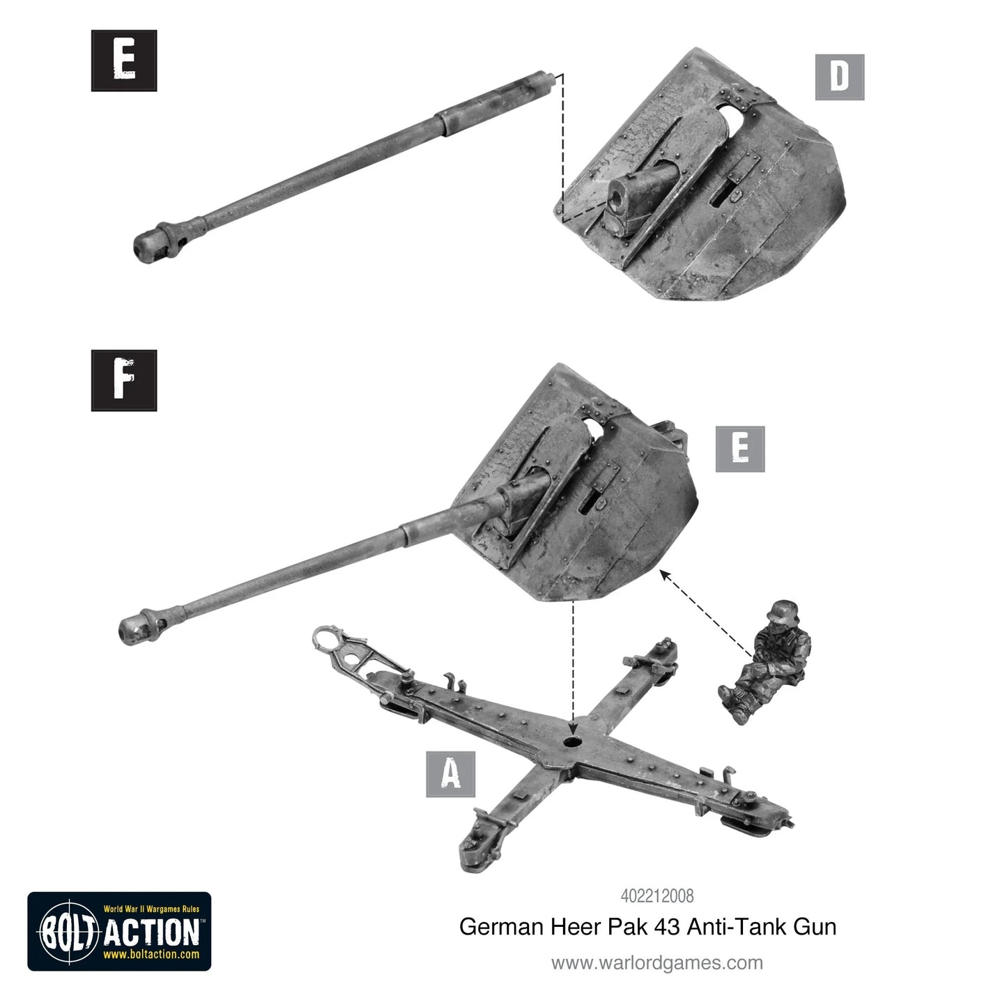 German Heer Pak 43 Anti-Tank Gun – instrukcja montażu etap E i F, złożone działo z figurką obsługi, metal 28mm
