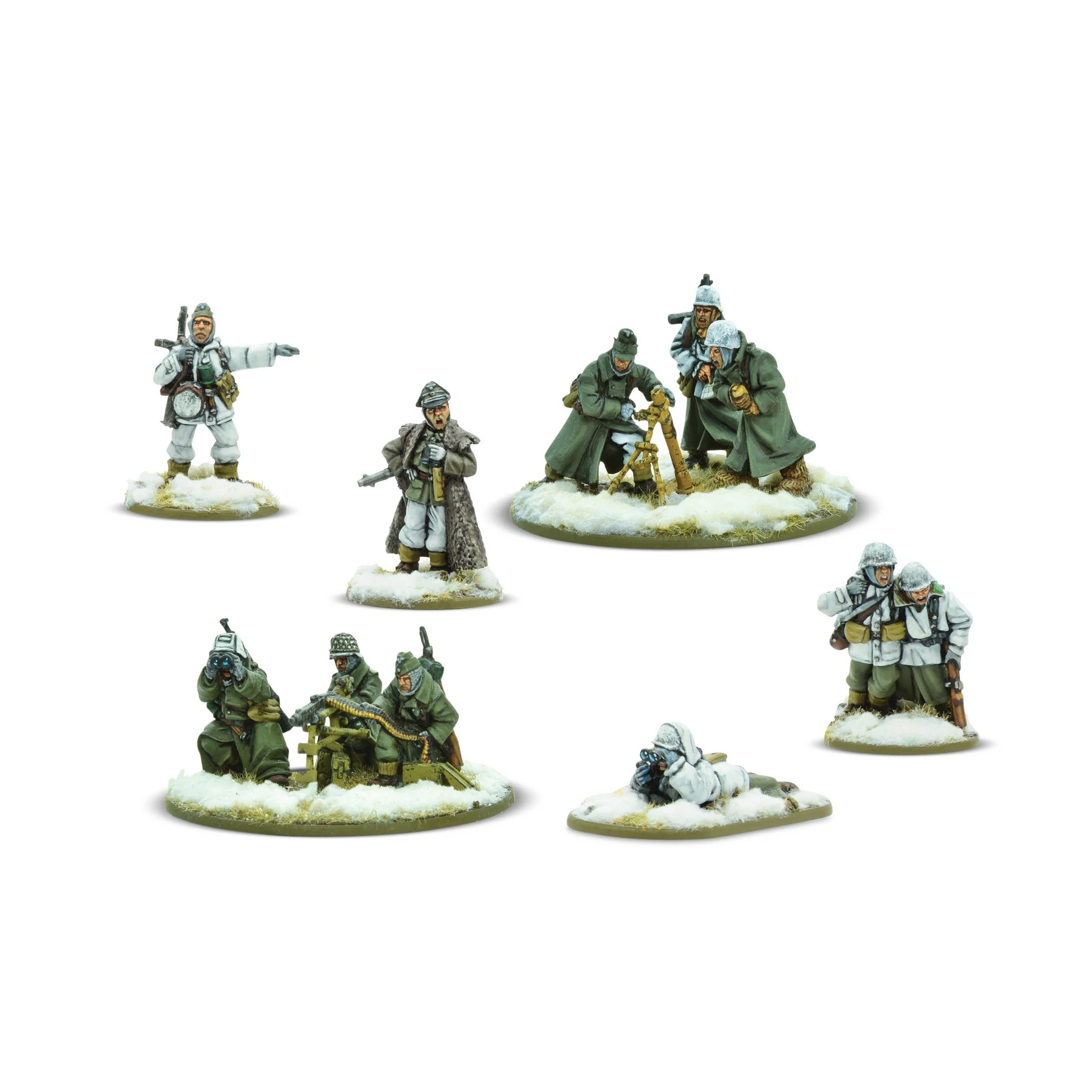German Army (Winter) Support Group - Bolt Action 28mm - kompletny zestaw w zimowych mundurach: oficer, medyk, obserwator, zespół MG42, zespół moździerza - podstawki ze śniegiem - 10 figurek metalowych - Warlord Games
