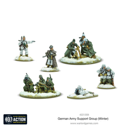 German Army (Winter) Support Group - Bolt Action 28mm - kompletny zestaw w zimowych mundurach: oficer, medyk, obserwator, zespół MG42, zespół moździerza - podstawki ze śniegiem - 10 figurek metalowych - Warlord Games