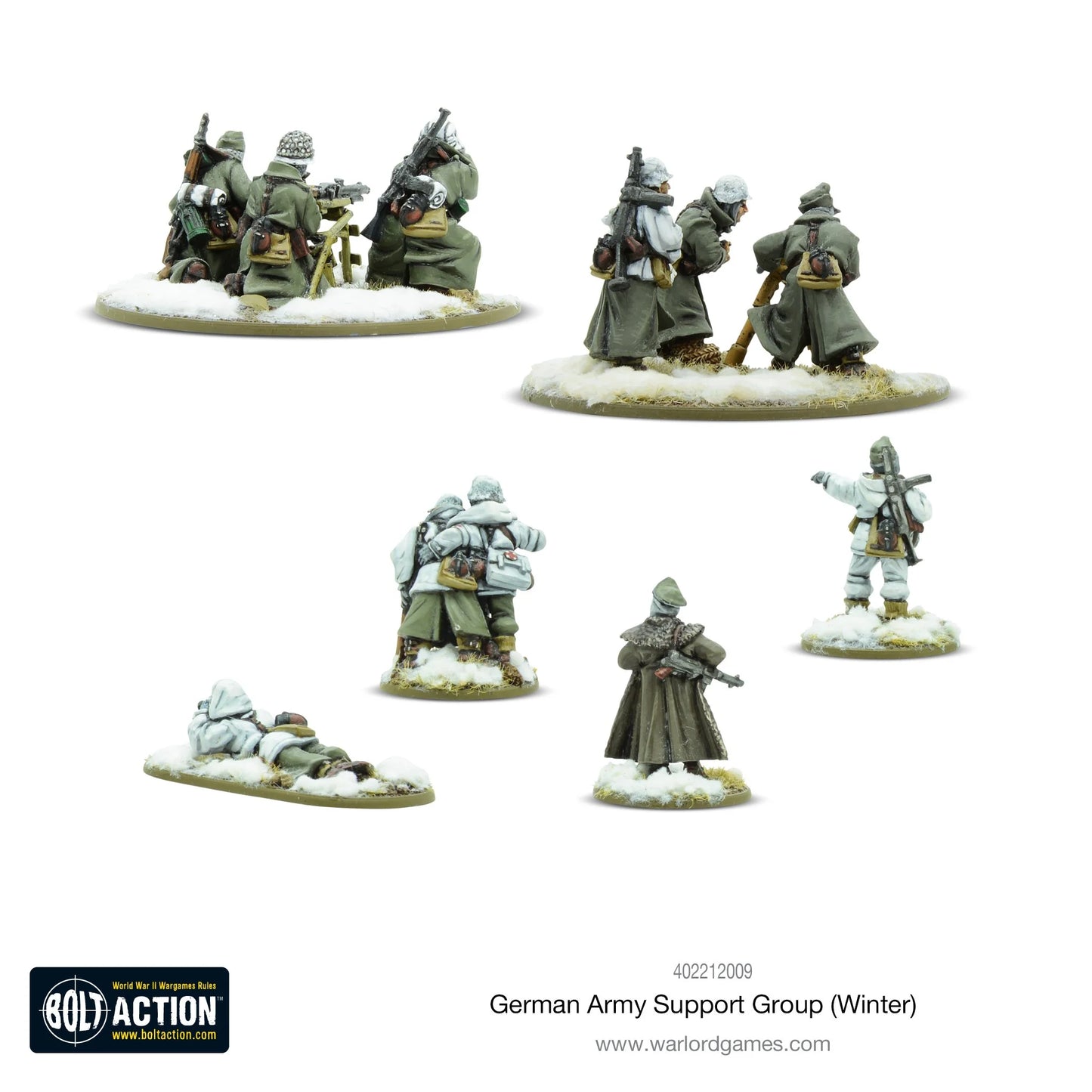 German Army (Winter) Support Group - Bolt Action 28mm - widok z tyłu: zespoły broni w futrzanych kurtkach i czapkach uszankach, oficer, medyk - zimowe wyposażenie Front Wschodni - skala 1/56 - Warlord Games