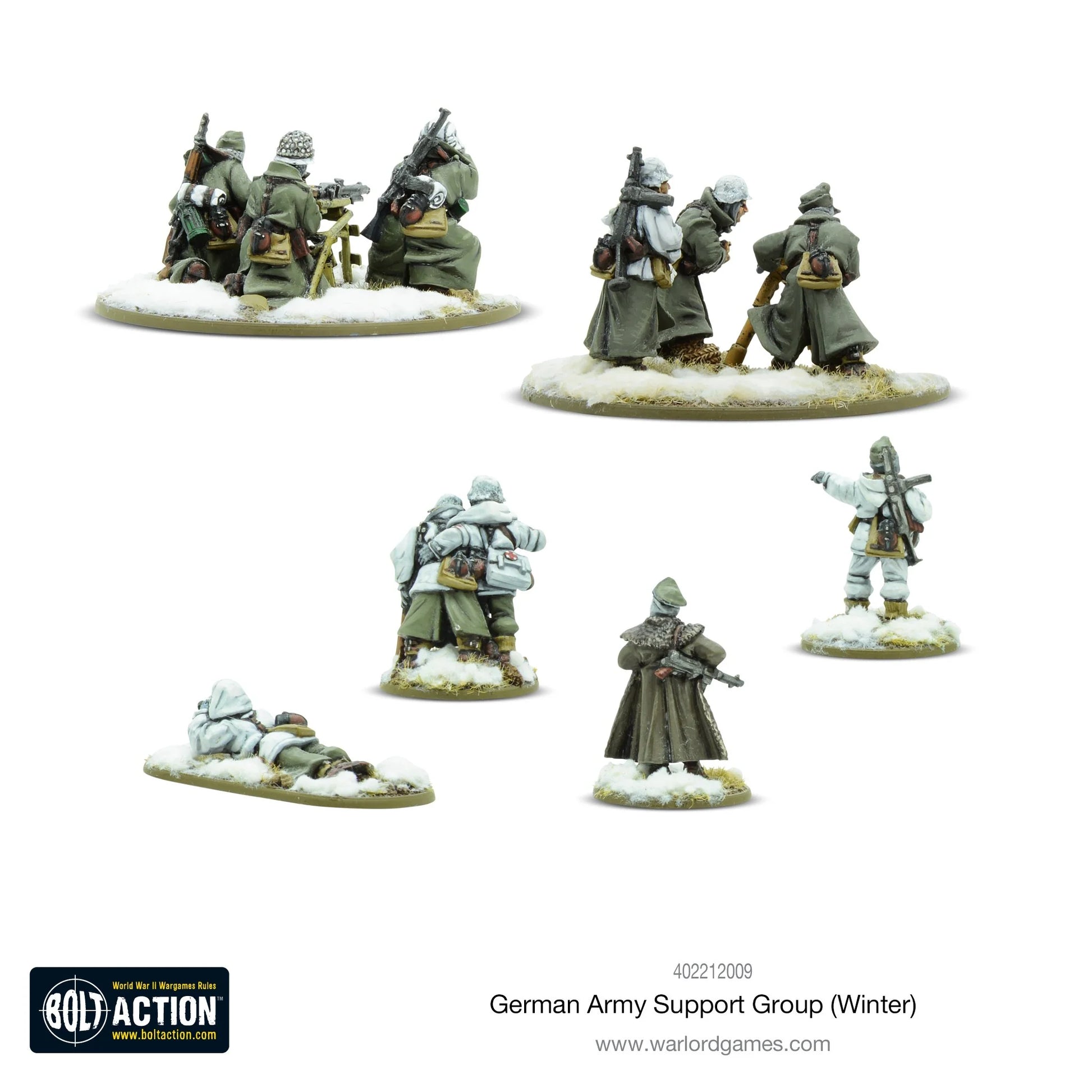 German Army (Winter) Support Group - Bolt Action 28mm - widok z tyłu: zespoły broni w futrzanych kurtkach i czapkach uszankach, oficer, medyk - zimowe wyposażenie Front Wschodni - skala 1/56 - Warlord Games