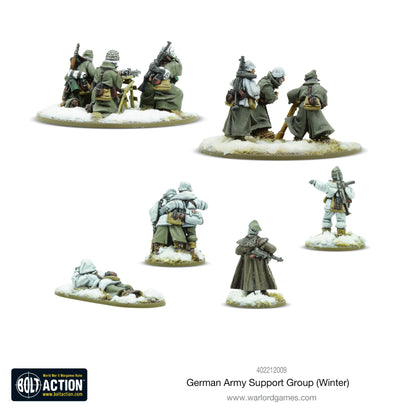 German Army (Winter) Support Group - Bolt Action 28mm - widok z tyłu: zespoły broni w futrzanych kurtkach i czapkach uszankach, oficer, medyk - zimowe wyposażenie Front Wschodni - skala 1/56 - Warlord Games