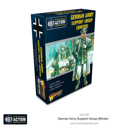 German Army (Winter) Support Group - Bolt Action 28mm - opakowanie produktu z ilustracją oficera Wehrmacht w zimowym mundurze na Froncie Wschodnim - 10 metalowych figurek z bronią wsparcia - Warlord Games