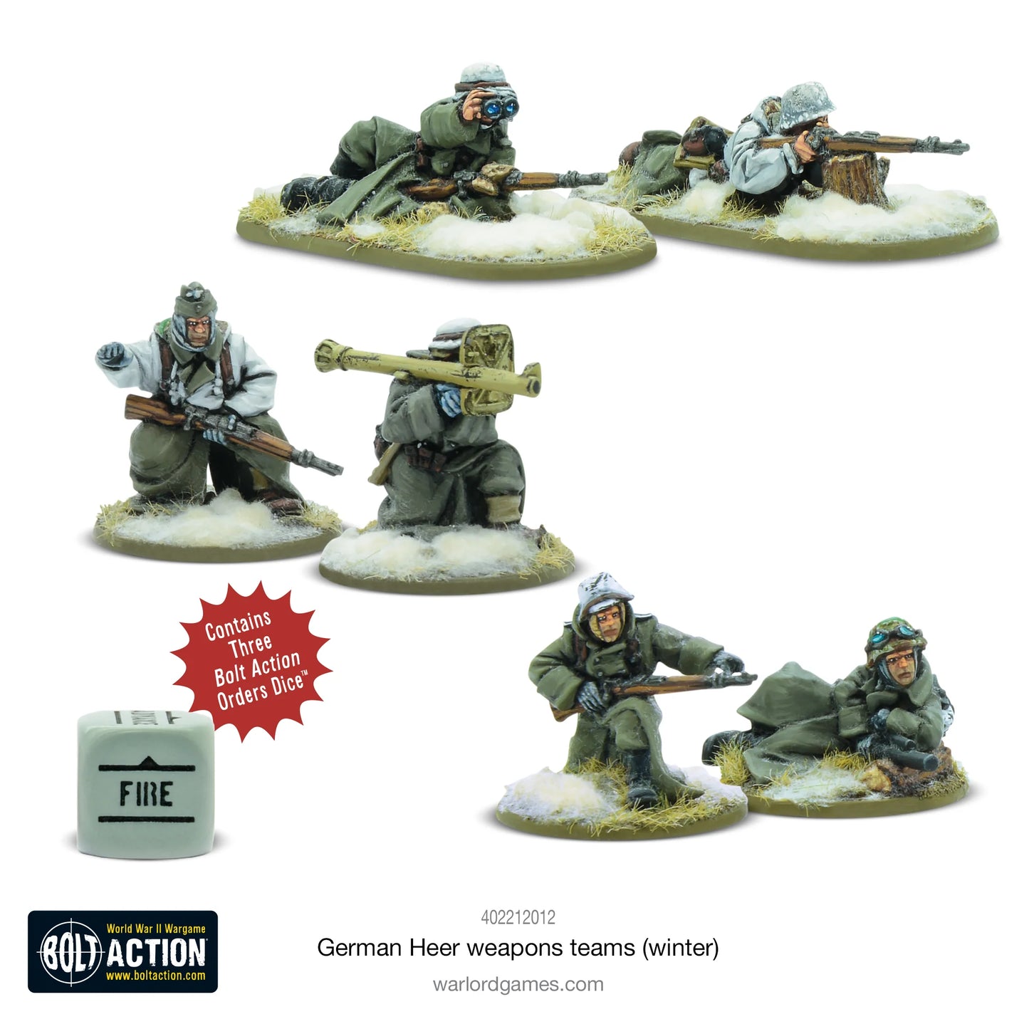 German Heer (Winter) Weapons Teams - Bolt Action 28mm - kompletny zestaw w zimowych mundurach: 2 snajperzy z karabinami i celownikami ZF39, zespół Panzerschreck, zespół miotaczy ognia - podstawki ze śniegiem - 3 kostki rozkazów - Warlord Resin Plus - Warlord Games