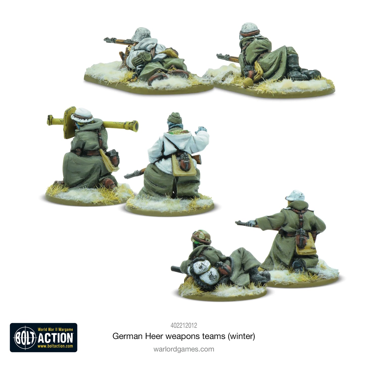 German Heer (Winter) Weapons Teams - Bolt Action 28mm - widok z tyłu: snajperzy, Panzerschreck z osłoną przeciwodrzutową, miotacz ognia Flammenwerfer - futrzane kurtki i czapki uszanki - Front Wschodni - skala 1/56 - Warlord Games