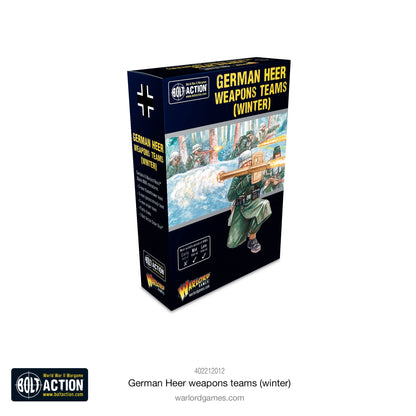 German Heer (Winter) Weapons Teams - Bolt Action 28mm - opakowanie produktu z ilustracją żołnierza Wehrmacht w zimowym mundurze z Panzerschreck w śnieżnej burzy - 6 figurek żywicznych - Warlord Games