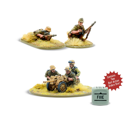 Afrika Korps Weapons Teams - Bolt Action 28mm - kompletny zestaw pomalowanych figurek: 2 snajperzy na podstawkach pustynnych, działo przeciwpancerne Panzerbüchse 41 z 3-osobową załogą, 2 kostki rozkazów Fire - tropikalne mundury dunkelgelb - Warlord Games