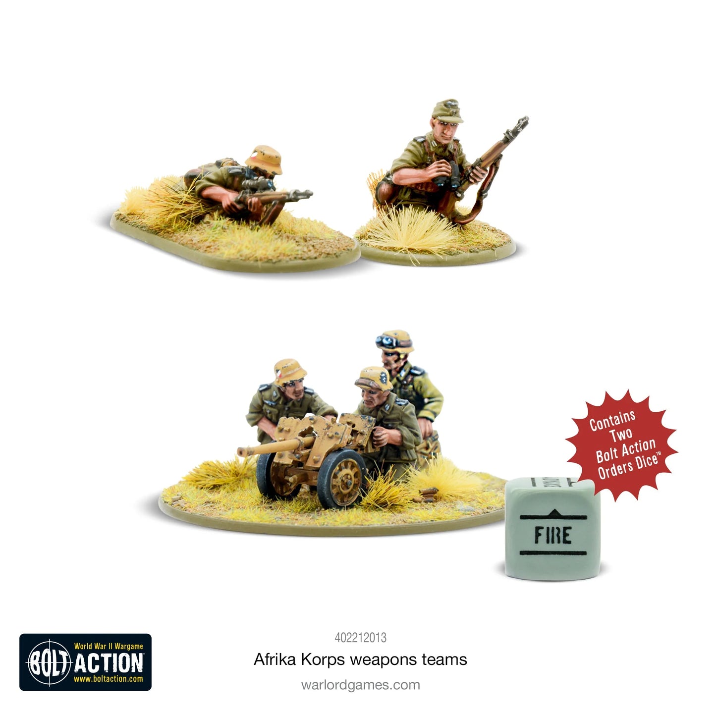 Afrika Korps Weapons Teams - Bolt Action 28mm - kompletny zestaw pomalowanych figurek: 2 snajperzy na podstawkach pustynnych, działo przeciwpancerne Panzerbüchse 41 z 3-osobową załogą, 2 kostki rozkazów Fire - tropikalne mundury dunkelgelb - Warlord Games