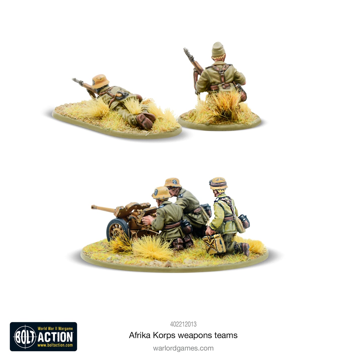 Afrika Korps Weapons Teams - Bolt Action 28mm - widok z tyłu: 2 snajperzy z karabinami w pozycji leżącej i klęczącej, zespół Panzerbüchse 41 z amunicją wolframową - gogle przeciwpyłowe i tropikalne wyposażenie - skala 1/56 - Warlord Games