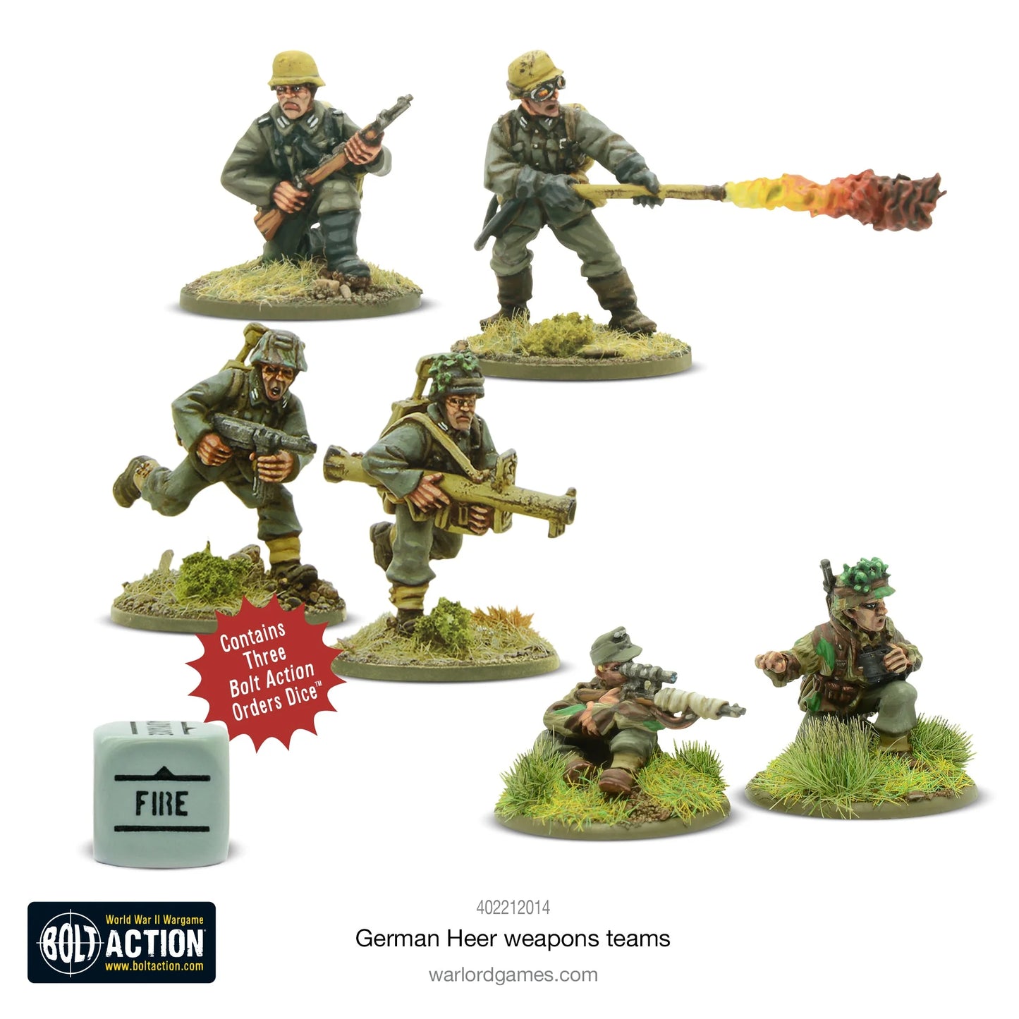 German Heer Weapons Teams - Bolt Action 28mm - kompletny zestaw pomalowanych figurek: zespół Panzerschreck, snajperzy, miotacz ognia Flammenwerfer z 3 kostkami rozkazów - skala 1/56 - Warlord Games