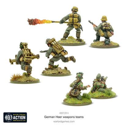 German Heer Weapons Teams - Bolt Action 28mm - zespoły broni specjalnej Wehrmacht: Panzerschreck z osłoną przeciwodrzutową, miotacz ognia z efektem płomienia, snajperzy - widok z tyłu - Warlord Resin Plus - Warlord Games