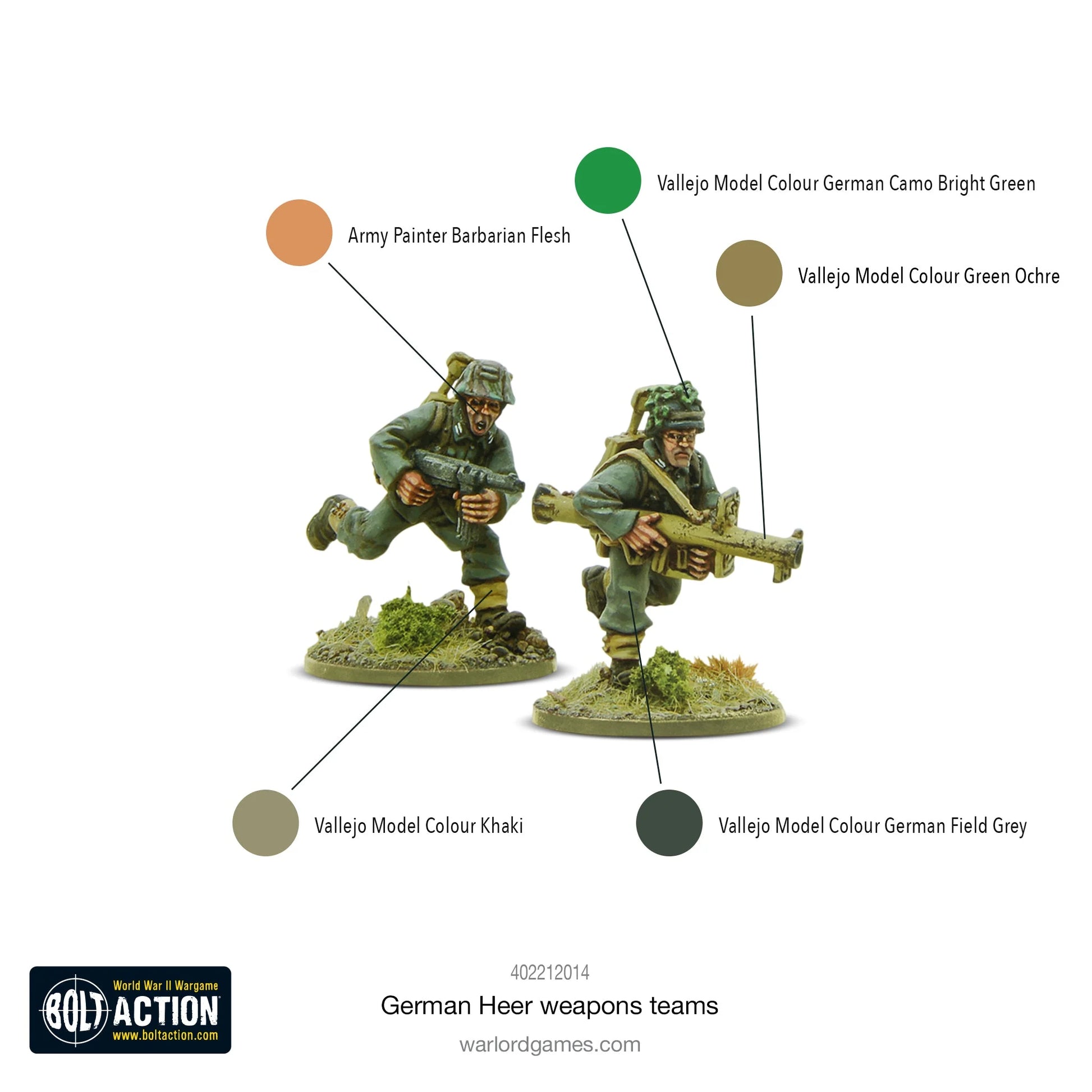 German Heer Weapons Teams - Bolt Action 28mm - schemat kolorystyczny malowania zespołu snajperskiego: Army Painter Barbarian Flesh, Vallejo German Camo Bright Green, Green Ochre, Khaki, German Field Grey - przewodnik po farbach - Warlord Games
