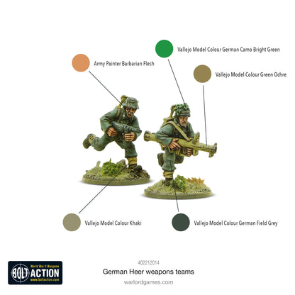 German Heer Weapons Teams - Bolt Action 28mm - schemat kolorystyczny malowania zespołu snajperskiego: Army Painter Barbarian Flesh, Vallejo German Camo Bright Green, Green Ochre, Khaki, German Field Grey - przewodnik po farbach - Warlord Games