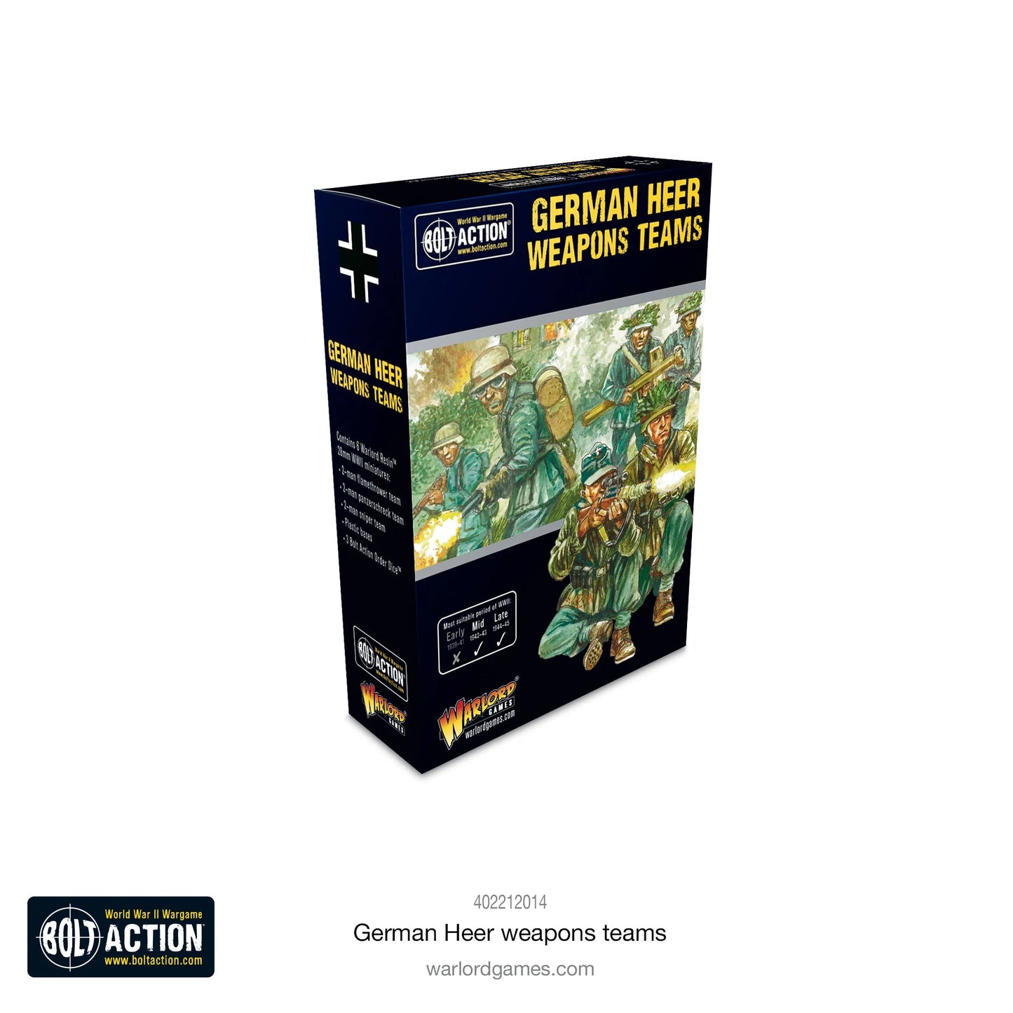 German Heer Weapons Teams - Bolt Action 28mm - opakowanie produktu z ilustracją zespołów broni specjalnej Wehrmacht w akcji bojowej - Panzerschreck, snajperzy, miotacze ognia - Warlord Games