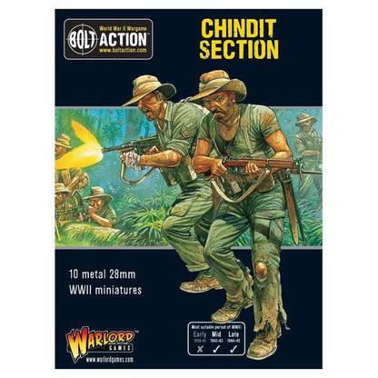 Pudełko Chindit Section – 10 metalowych figurek piechoty brytyjskiej w tropikalnych mundurach i kapeluszach, uzbrojonych w karabiny Lee-Enfield, Bren LMG i PIAT, na okrągłych podstawkach z trawiastym terenem | Bolt Action | Warlord Games
