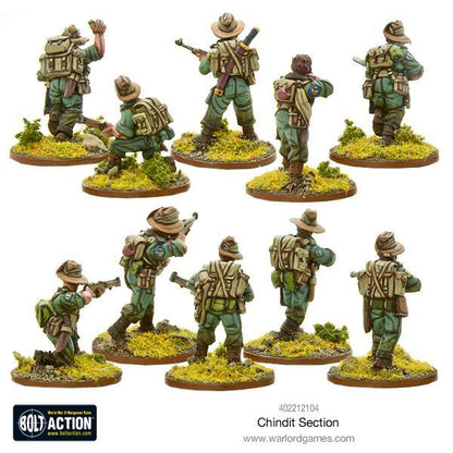 Chindit Section – 10 metalowych figurek piechoty brytyjskiej w tropikalnych mundurach i kapeluszach, uzbrojonych w karabiny Lee-Enfield, Bren LMG i PIAT, na okrągłych podstawkach z trawiastym terenem, Tył | Bolt Action | Warlord Games

