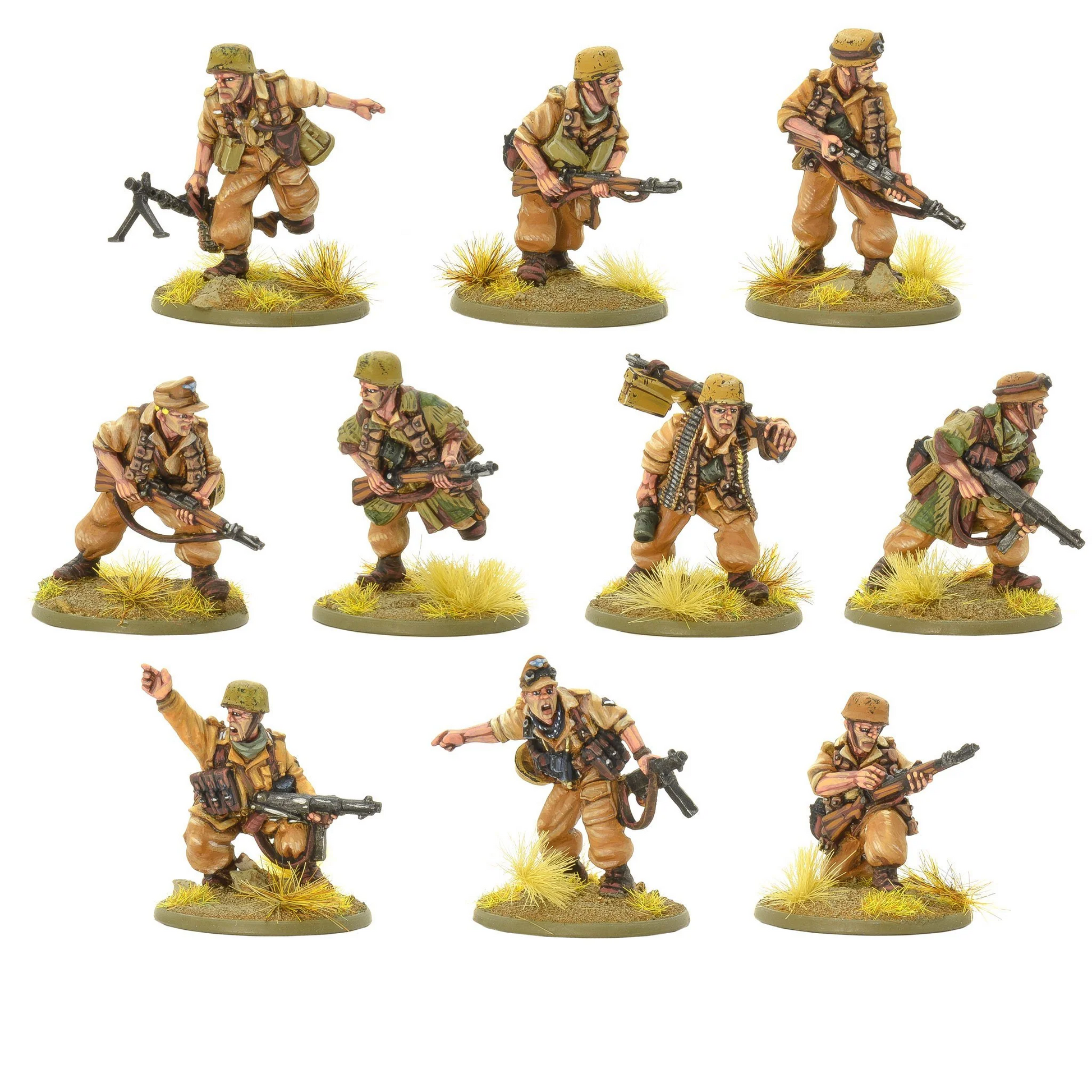Fallschirmjäger Squad Tropical Uniform - Bolt Action 28mm - 10 figurek spadochroniarzy z MG34 MP40 karabinami w tropikalnych mundurach - widok z przodu - Warlord Games