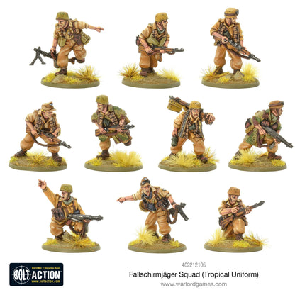 Fallschirmjäger Squad Tropical Uniform - Bolt Action 28mm - 10 figurek spadochroniarzy z MG34 MP40 karabinami w tropikalnych mundurach - widok z przodu - Warlord Games