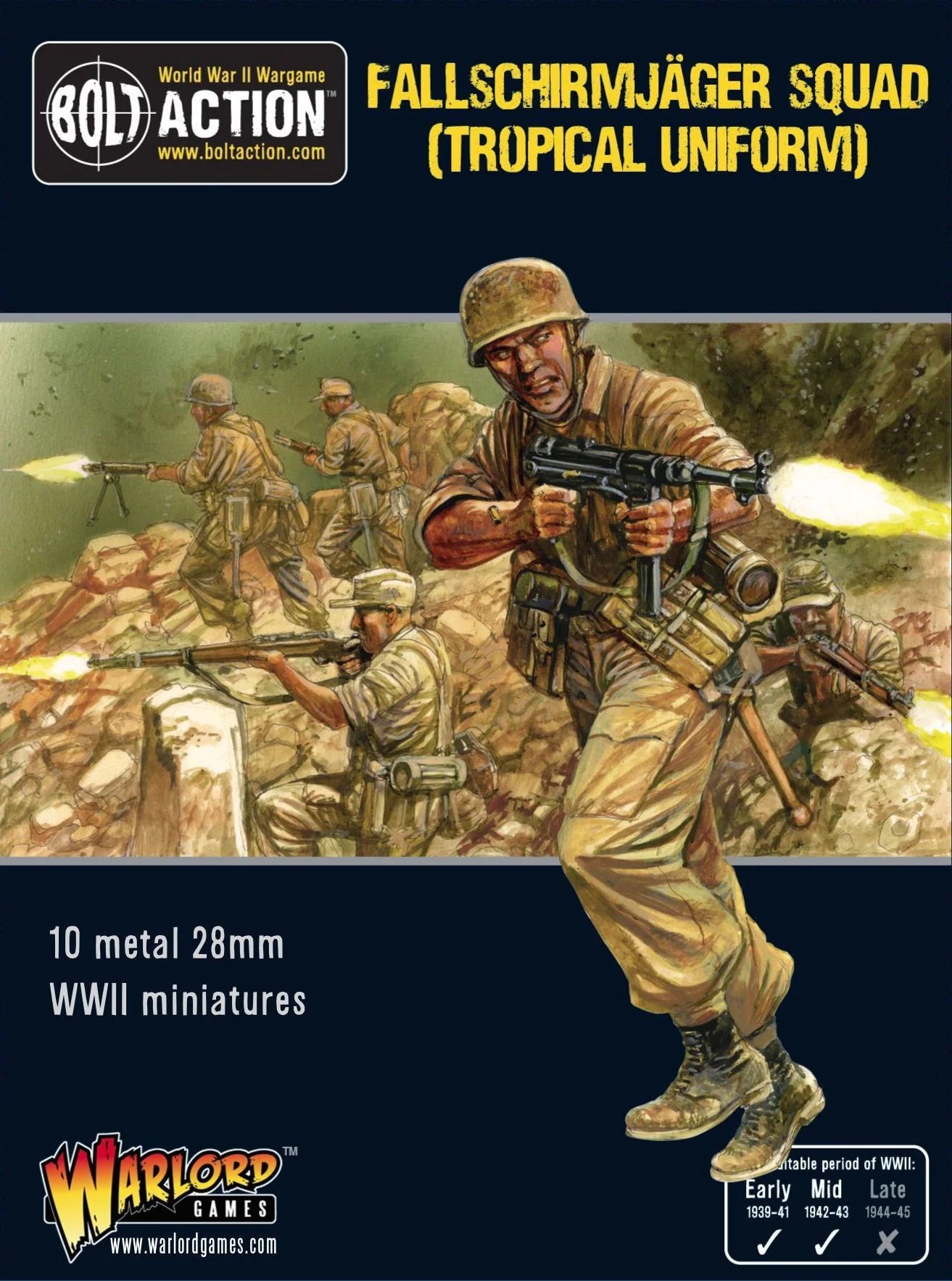 Fallschirmjäger Squad Tropical Uniform - Bolt Action 28mm - opakowanie pudełko z ilustracją spadochroniarzy w tropikalnych mundurach - 10 figurek metalowych - Warlord Games