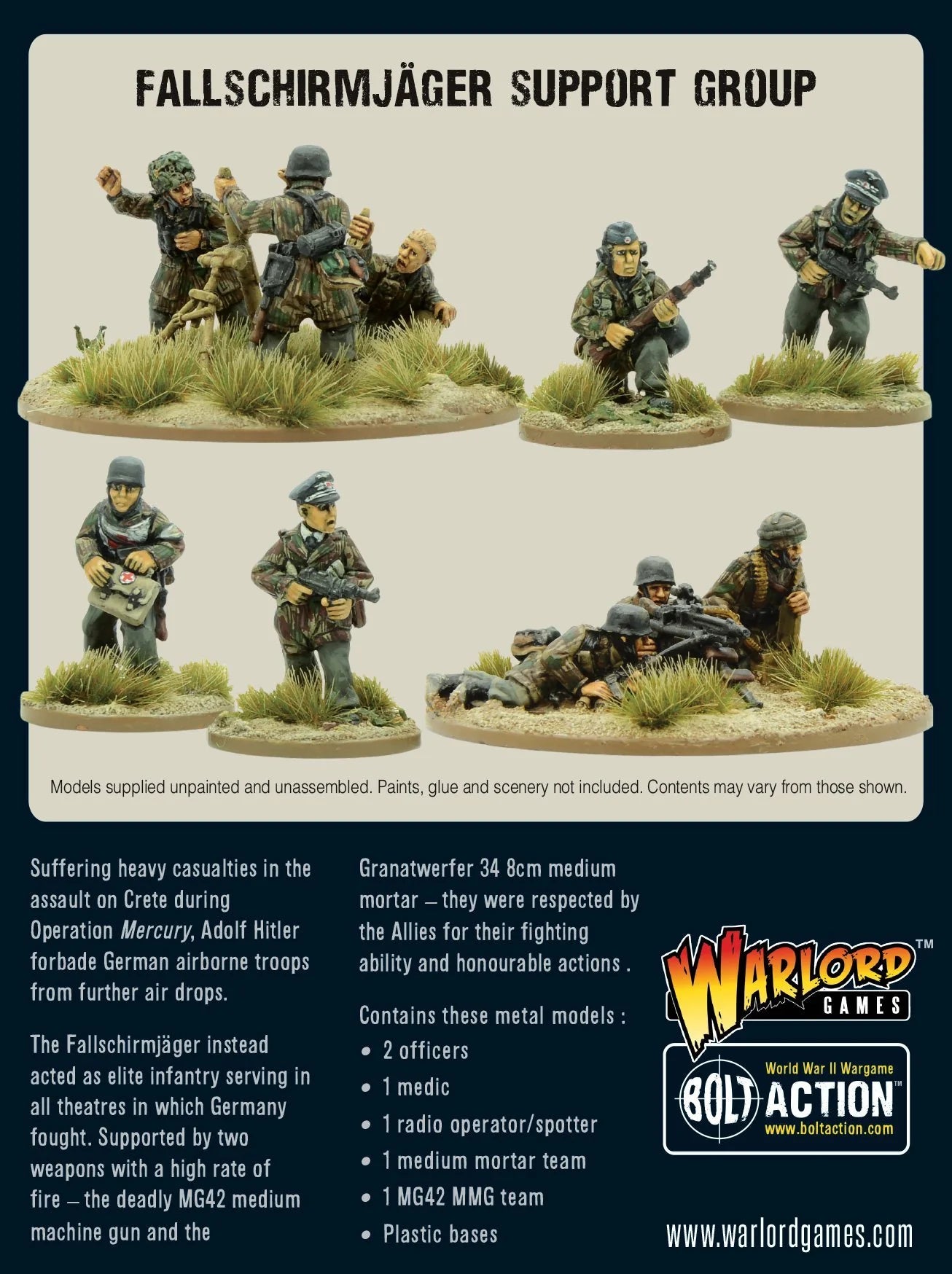 Fallschirmjager Support Group - Bolt Action 28mm - tył opakowania z opisem zestawu: 2 oficerów, medyk, obserwator, zespół MG42, moździerz 8cm - elitarni niemieccy spadochroniarze - skala 1/56 - Warlord Games