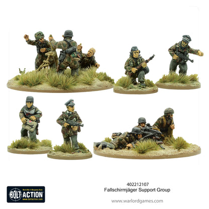 Fallschirmjager Support Group - Bolt Action 28mm - kompletny zestaw pomalowanych figurek: 2 oficerów z pistoletami maszynowymi, medyk, obserwator artyleryjski, zespół MG42, zespół moździerza - 10 metalowych figurek spadochroniarzy - Warlord Games