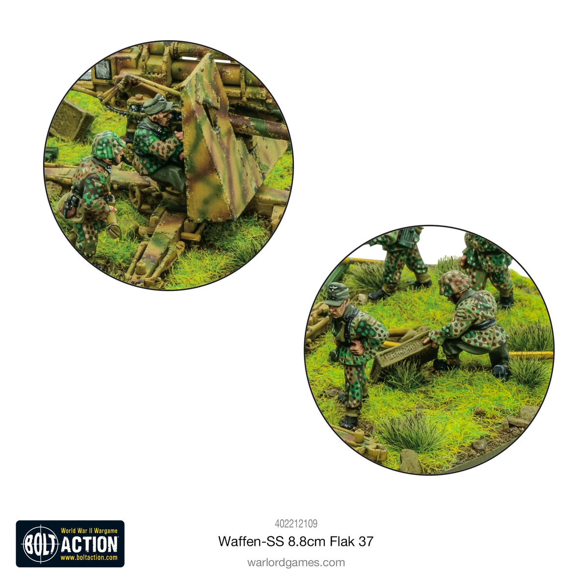 Waffen-SS 8.8cm Flak 37 Warlord Games – schemat malowania kamuflażu grochowego: działo 88mm z obsługą SS 28mm z oznaczeniami kolorów Vallejo: German Camo Pale Brown, Dark Green, Bright Green, Camo Olive Green, Desert Yellow, Medium Brown
