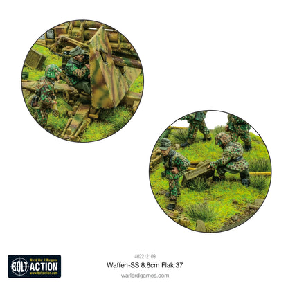 Waffen-SS 8.8cm Flak 37 Warlord Games – schemat malowania kamuflażu grochowego: działo 88mm z obsługą SS 28mm z oznaczeniami kolorów Vallejo: German Camo Pale Brown, Dark Green, Bright Green, Camo Olive Green, Desert Yellow, Medium Brown
