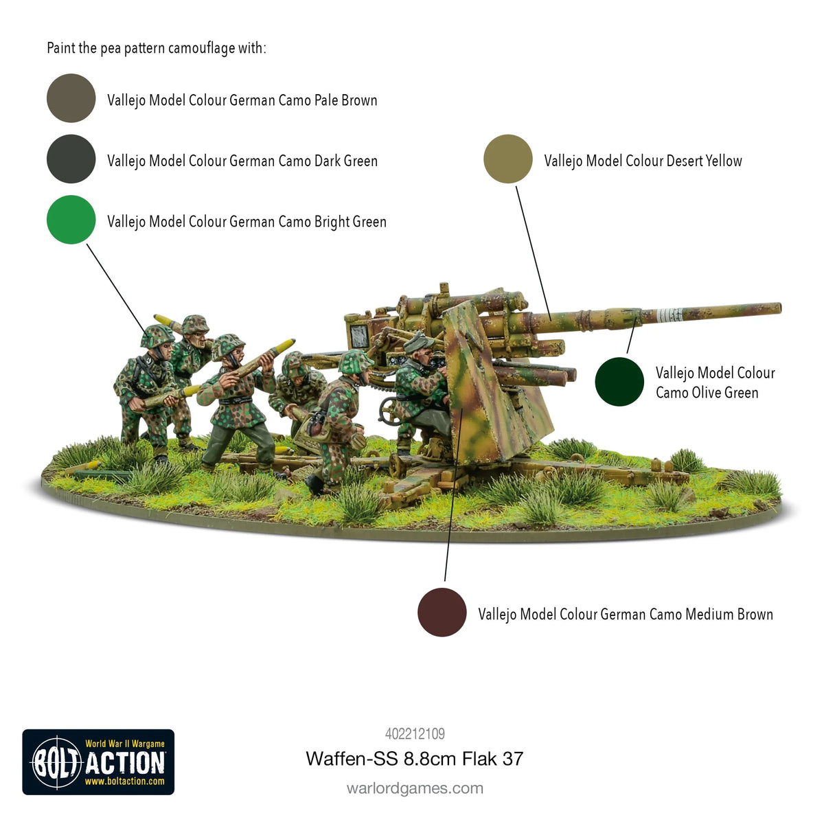 Waffen-SS 8.8cm Flak 37 Warlord Games 402212109 – zawartość zestawu Bolt Action: karta statystyk German AA/AT Gun z punktacją, kość rozkazu Advance, arkusz kalkomanii wodnych, znaczniki dymu i ognia, skala 1/56 28mm
