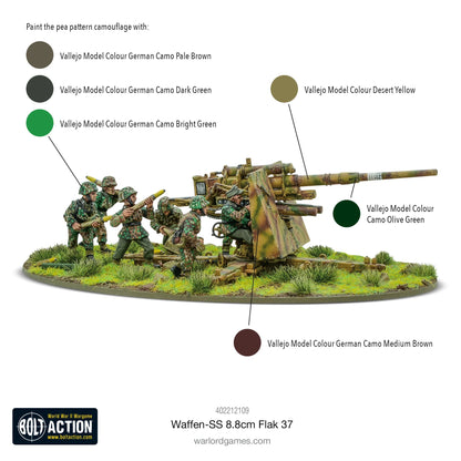 Waffen-SS 8.8cm Flak 37 Warlord Games 402212109 – zawartość zestawu Bolt Action: karta statystyk German AA/AT Gun z punktacją, kość rozkazu Advance, arkusz kalkomanii wodnych, znaczniki dymu i ognia, skala 1/56 28mm
