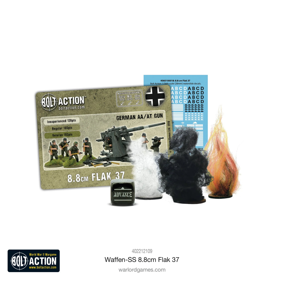 Waffen-SS 8.8cm Flak 37 Warlord Games – pudełko zestawu Bolt Action 28mm 1/56, czarne opakowanie z ilustracją działa 88mm strzelającego w walce miejskiej, obsługa Waffen-SS w kamuflażu grochowym, logo Bolt Action, Warlord Games i Italeri

