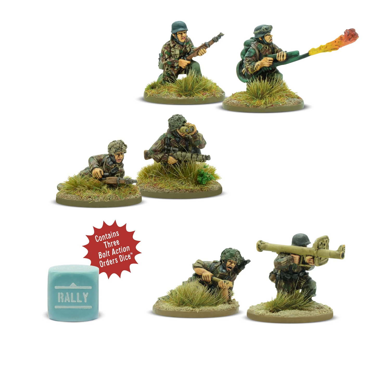 Fallschirmjäger Weapons Teams - Bolt Action 28mm - kompletny zestaw pomalowanych figurek: 2 snajperzy z karabinami, zespół Panzerschreck, zespół miotaczy ognia z efektem płomienia - 3 kostki rozkazów Rally - 6 figurek żywicznych - Warlord Games