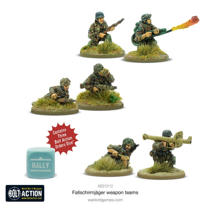 Fallschirmjäger Weapons Teams - Bolt Action 28mm - kompletny zestaw pomalowanych figurek: 2 snajperzy z karabinami, zespół Panzerschreck, zespół miotaczy ognia z efektem płomienia - 3 kostki rozkazów Rally - 6 figurek żywicznych - Warlord Games