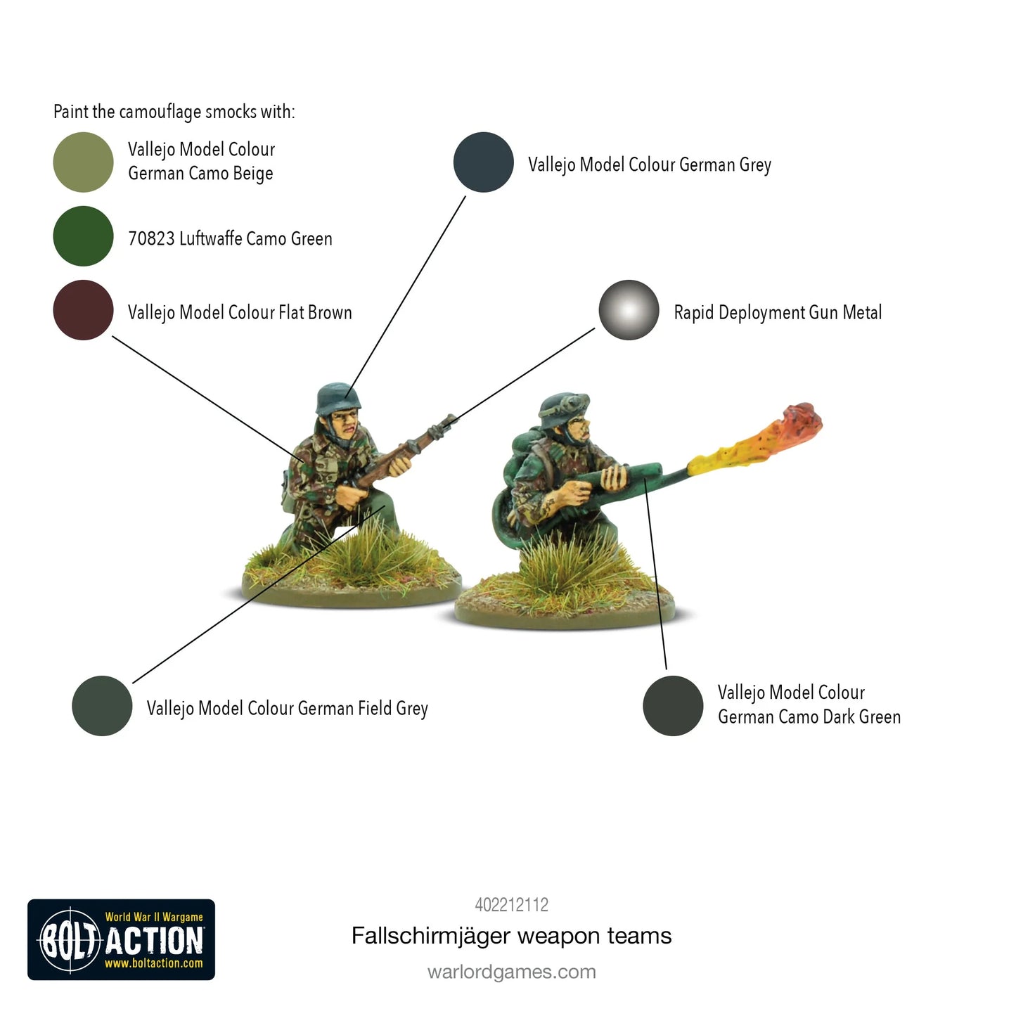 Fallschirmjäger Weapons Teams - Bolt Action 28mm - schemat kolorystyczny malowania kamuflaż splinter: Vallejo German Camo Beige, Luftwaffe Camo Green, German Field Grey, Flat Brown - przewodnik po farbach dla Fallschirmjäger - Warlord Games