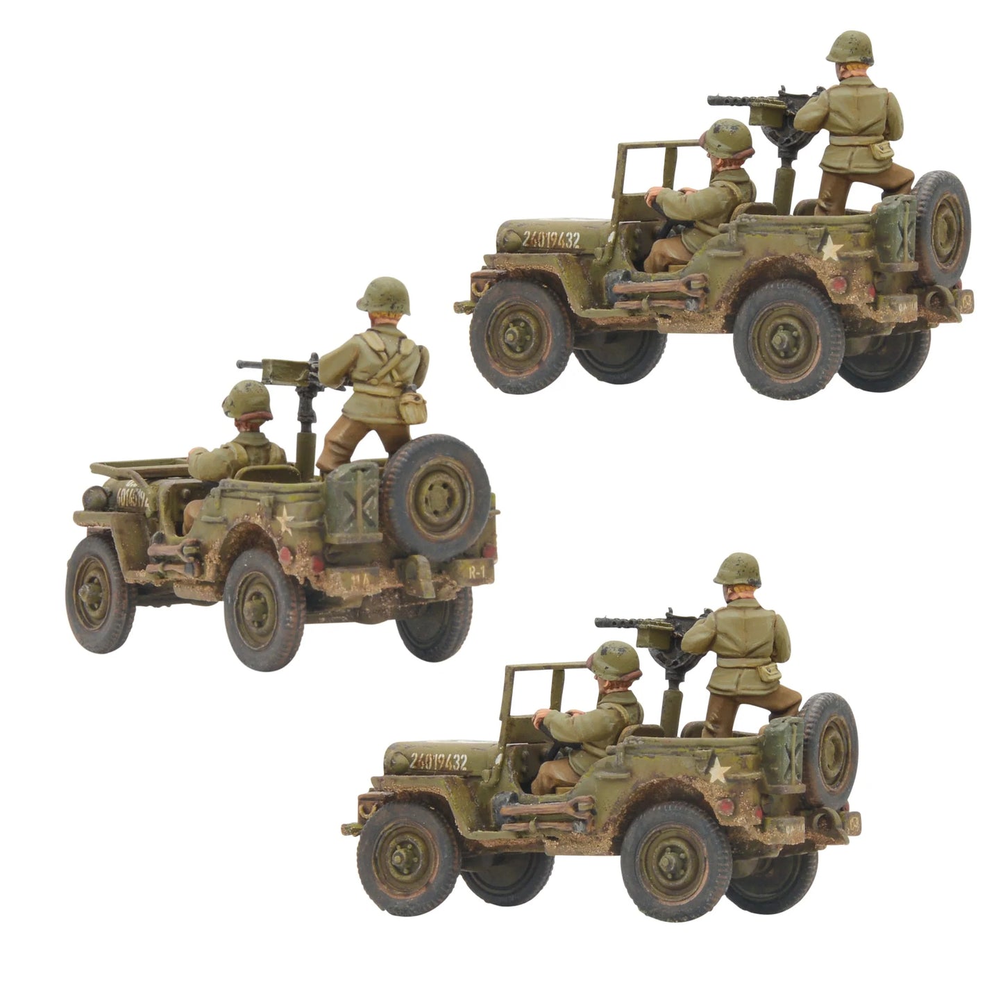 US Jeep Armoured Platoon Willys MB - widok z tyłu trzech Jeepów z załogami, karabiny maszynowe, numery taktyczne, weathering
