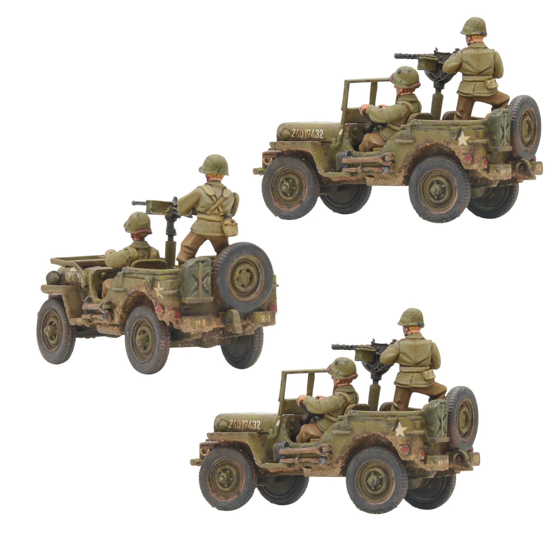 US Jeep Armoured Platoon Willys MB - widok z tyłu trzech Jeepów z załogami, karabiny maszynowe, numery taktyczne, weathering
