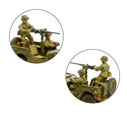 US Jeep Armoured Platoon detale załóg - zbliżenie na żołnierzy USA z karabinami .30 cal i .50 cal MMG HMG, hełmy M1, Bolt Action
