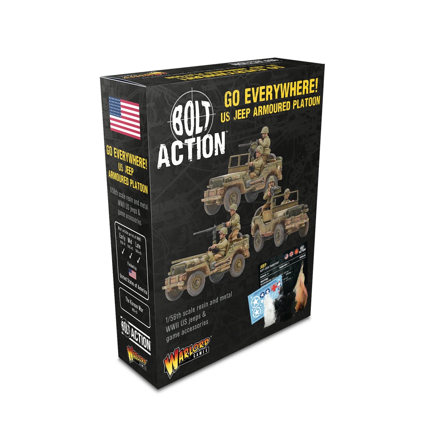 US Jeep Armoured Platoon Bolt Action - opakowanie Warlord Games z 3 Jeepami MMG HMG, załogi USA, żywica i metal 1/56
