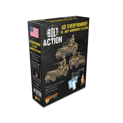 US Jeep Armoured Platoon Bolt Action - opakowanie Warlord Games z 3 Jeepami MMG HMG, załogi USA, żywica i metal 1/56
