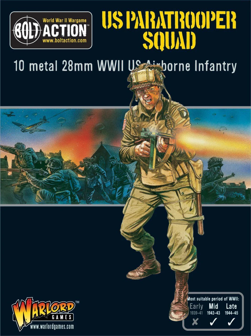 Pudełko US Paratrooper Squad z grafiką akcji i samolotami C-47
