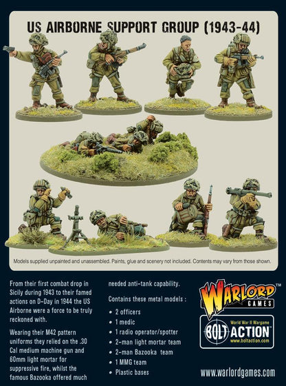 US Airborne Support Group (1943-44) – 11 metalowych figurek 28mm: 2 oficerów, medyk, radiowiec, zespół MMG Browning .30 Cal, zespół lekkiego moździerza 60mm i zespół bazooki w mundurach M42 – Bolt Action, Warlord Games
